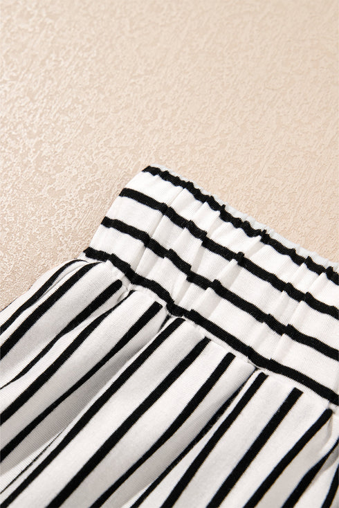 Striped V Neck Contrast Cuff Top And Drawstring Short Lounge Set